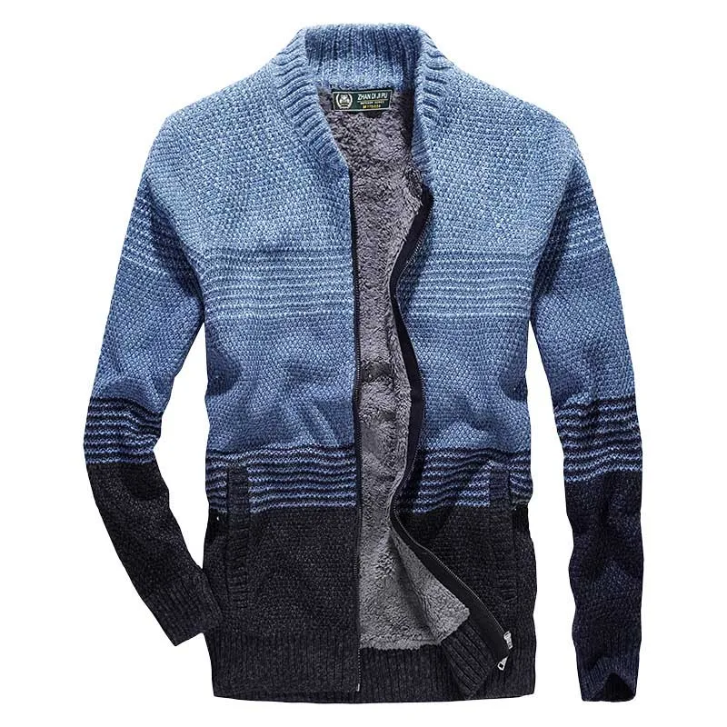 Осенне-зимний флисовый полосатый свитер мужской свитер на молнии кардиган большой размер трикотажная куртка корейский стиль одежда винтажный свитер - Цвет: Синий