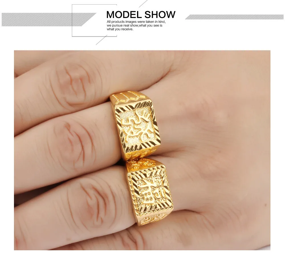 Wholsale Price Mens 18k Gold Plated Rectangle Ring Blessing In Chinese