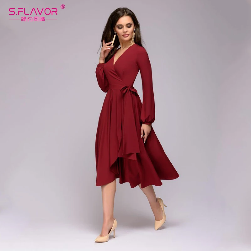 S. FLAVOR однотонное женское платье трапециевидной формы элегантное приталенное с v