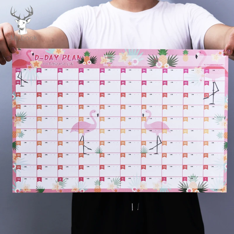 

Flamingo Floral 100 Day Countdown Calendar Learning Schedule Periodic Planner Table Gift for Kids Study Planning Supplies
