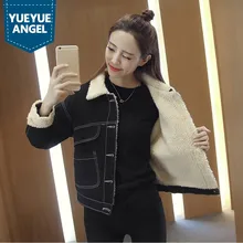 Женская зимняя Толстая теплая куртка с флисовой подкладкой, черное джинсовое пальто, короткая стильная Милая верхняя одежда для девочек, повседневное пальто с воротником с лацканами для женщин