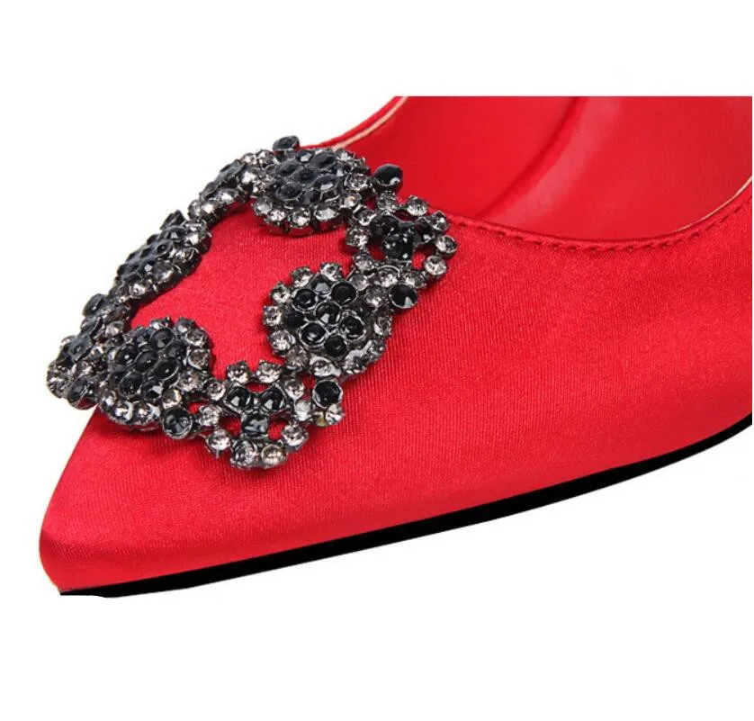 CHAISHOU Women 10cm Thin High Heels Fashion Pumps Pointed Green Rhinestone Silk Footwear Scarpins Shoes F-171