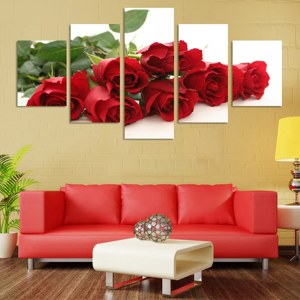 Embelish 5 Panels Red Rose Wall Art Pictures For Living Room HD Print Canvas Flowers Painting