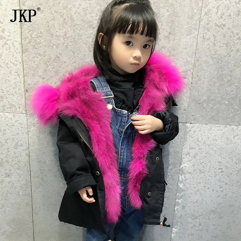 child Real Fox fur Jacket Winter Kids Natural Fox Fur Lining Parka Coat Baby Raccoon Fur Collar Coat boy girls Parka