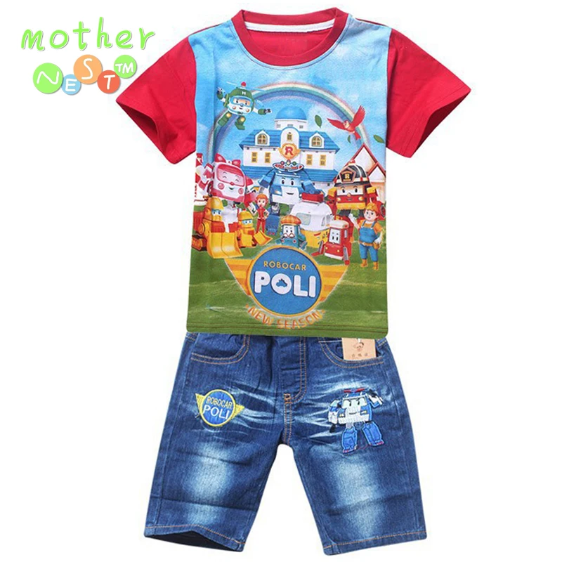 Hot New 2017 Summer POLI ROBOCAR Children Boys Clothing Sets Baby Kids Suitst Shirt Jeans Shorts