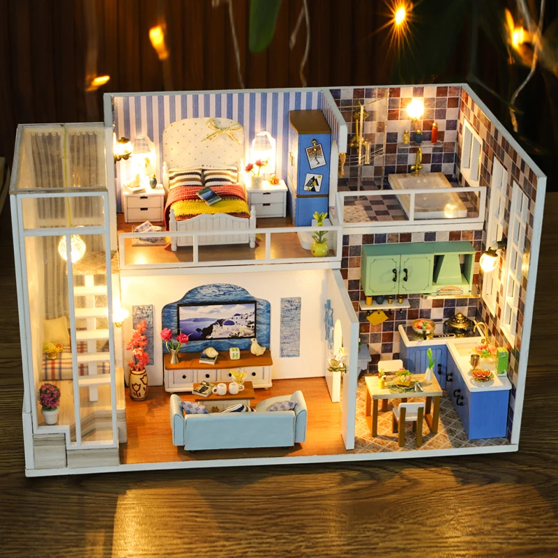 

Cutebee DIY House Miniature with Furniture LED Music Dust Cover Model Building Blocks Toys for Children Casa De Boneca J19