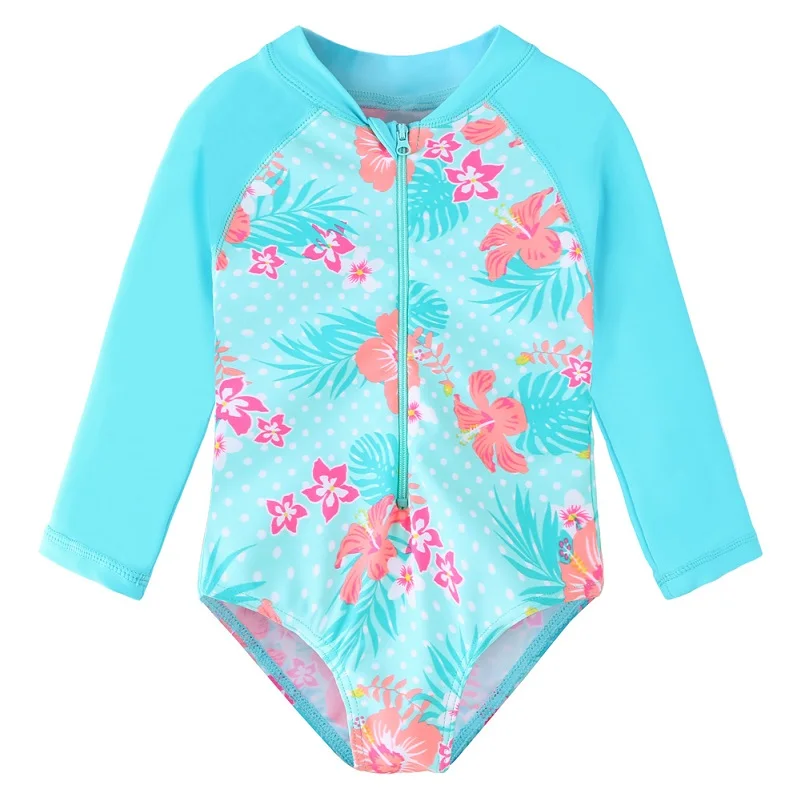 BAOHULU, купальный костюм для малышей с цветочным принтом, с длинными рукавами, UPF50+, купальный костюм для девочек, Цельный Детский купальный костюм, купальный костюм для малышей, пляжная одежда - Цвет: S293 Cyan