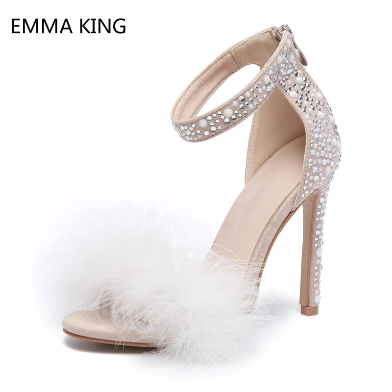 

New 2019 Sandals Women Rhinestone Feather Super High Heels Rivets Decorated Crystal Wedding Shoes Ladies Fashion Zipper Sandalia