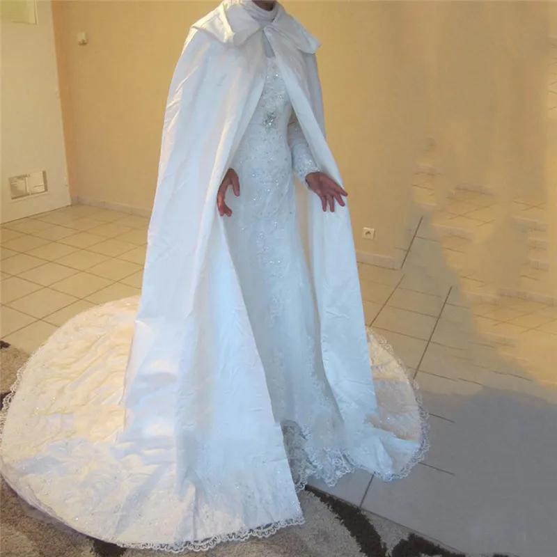 Мусульманская Свадебная накидка трапециевидная Аппликация Кружева Атлас для свадьбы длинный белый с капюшоном накидка Арабский мусульманский Фата невесты