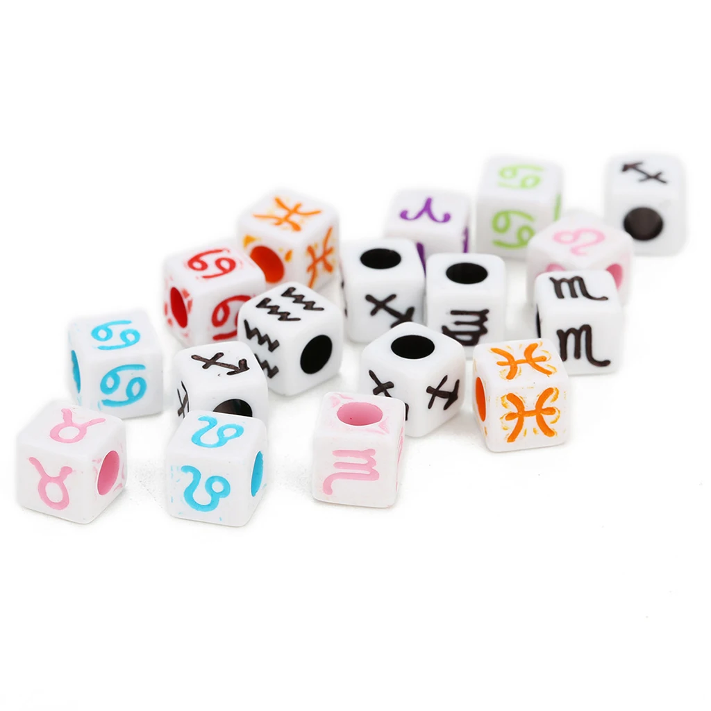 100pcs Acrylic Zodiac Cube Beads Charms Large Hole Beads for jewelry making, Bracelets, Necklaces, Key Chains and DIY Craft