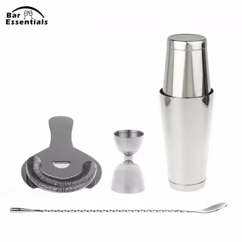 

Stainless Steel Cocktail Shaker Bar Set - 4pcs With Measuring Jigger and Mixing Spoon Tin On Tin Cocktail Shaker Ice Strainer