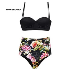 Черные сексуальные женские бикини с высокой талией, высокая эластичность, цветочные купальники, пляжные купальники на косточках, купальник для девочек