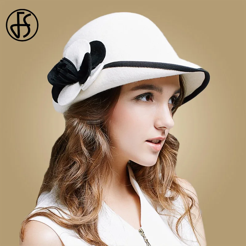 

FS 2018 Winter White Wool Hat Women Felt Bowler Fedora Elegant Flower Wide Brim Cloche Ladies Church Hats Floppy Round Caps