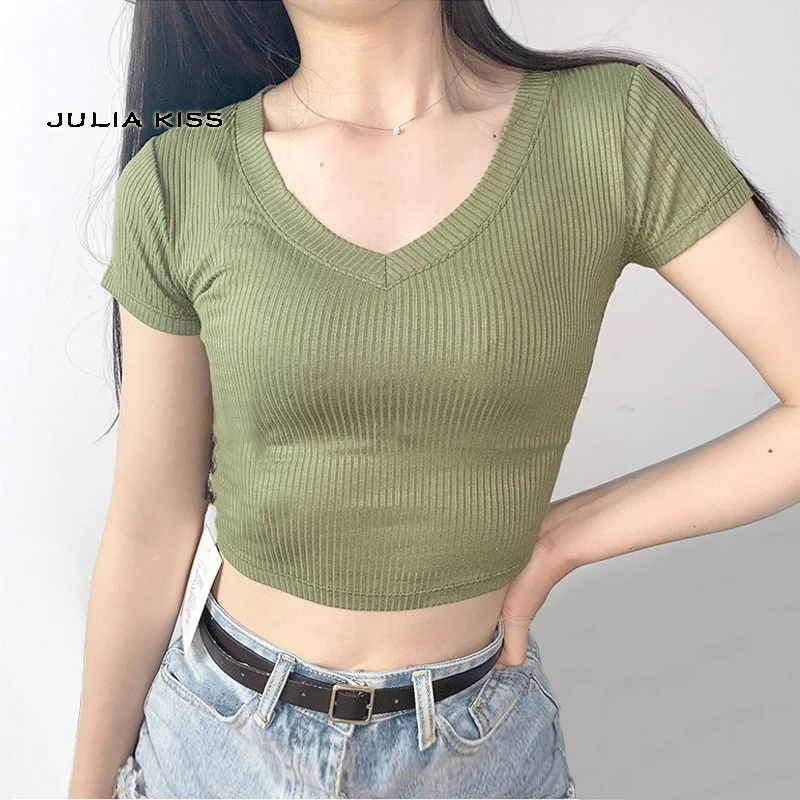 

Women V Neck Ribbed Crop Tee Fitted Crop T-shirt Summer Crop Top