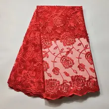 Африканская кружевная ткань чистый красный Высокое качество Африканский тюль Кружевная Ткань 5 ярдов нигерийский вышитый тюль кружевная ткань с бисером