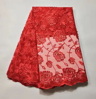 

African Lace Fabric Pure Red High Quality African Tulle Lace Fabric 5yards Nigerian Embroidered Tulle Lace Fabric With Bead