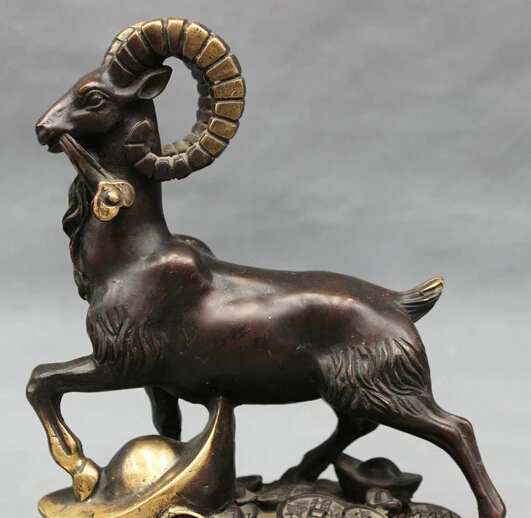 

JP S0606 8" Chinese Pure Bronze Gilt Folk Year Zodiac RuYi Sheep On YuanBao Coin Statue
