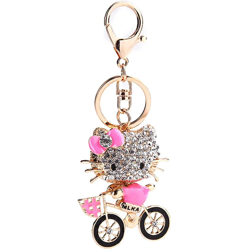 Cute Hello Kitty Keychains Woman Full Rhinestone Cat In Bicycle Key