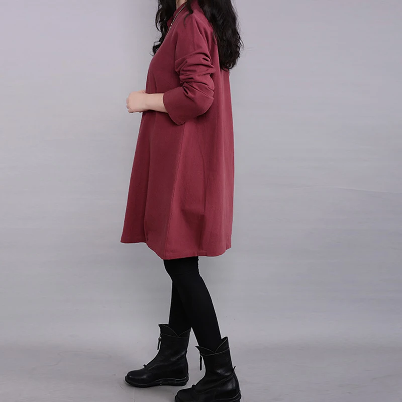 Cotton Linen Women's Long Sleeve Dress Ladies Solid Casual Loose Party Dress New