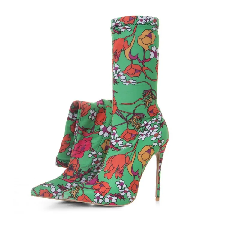 

Hot Selling Pointed Toe Boots Elastic High Heel Floral Short Boots Colorful Flowers Thin Heels Shoes Women Dress Mid Calf Boots