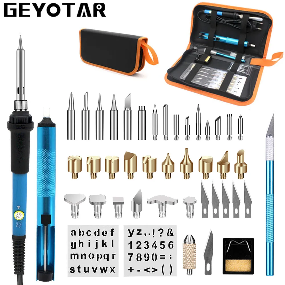 

GEYOTAR 220V 60W EU Plug Adjustable Soldering Iron Carving Pyrography Tool Soldering Welding Tips Kit Wood Embossing Burning set