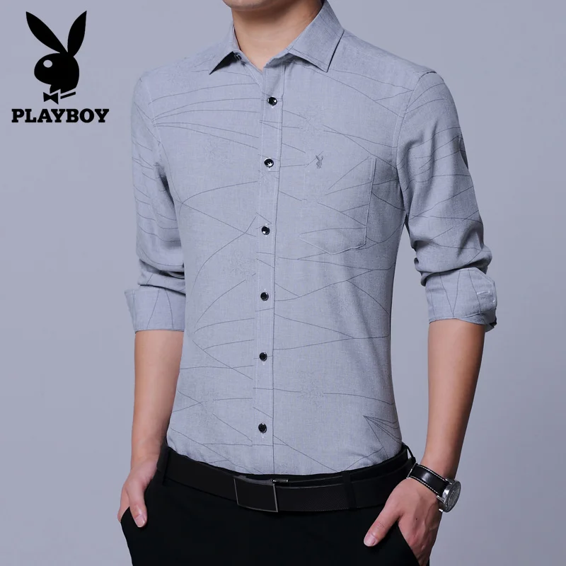 PLAYBOY новая рубашка мужская клетчатая без кармана Мужская одежда Slim Fit Мужская рубашка с длинными рукавами мужская повседневная мужская рубашка соцразмер Social - Цвет: color 5