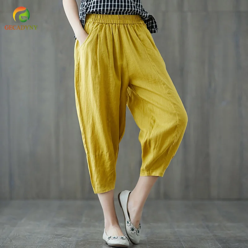 

Harem Pants Capris Women 2019 Summer High Waist Loose Candy Color Cotton Linen Wide Leg Pants Female Trousers