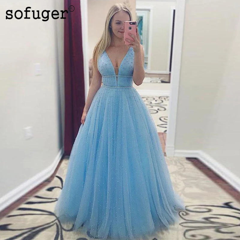 

Sky Blue Tulle 2019 Sofuge Arabic Muslim Evening Dress Robe De Soiree Dubai Plus Size Elegant Party Dress Vestidos De Fiesta