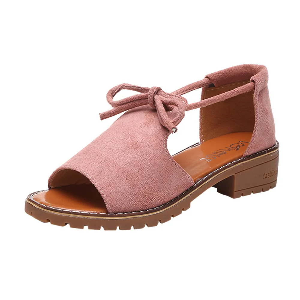2018 New Thick with Sandals Female Summer Fish Mouth Buckle Roman Shoes Solid Color Lace Up Low-heeled Women Chunky Sandals