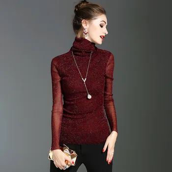 

King Queen New Hot 2017 Autumn Winter Womens Fashion Slim Turtlenck Fleece Under Shirt Female Casual OL Bling Bling T Shirts Top