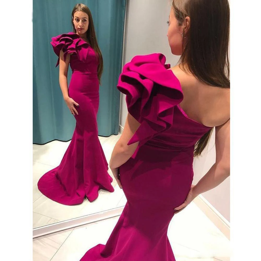 one shoulder ruffle gown