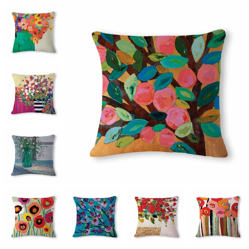 

Painted Flower Cushion Cover Print Linen Family Affection Sofa Car Seat Home Decorative Throw Pillow Case Housse De Coussin