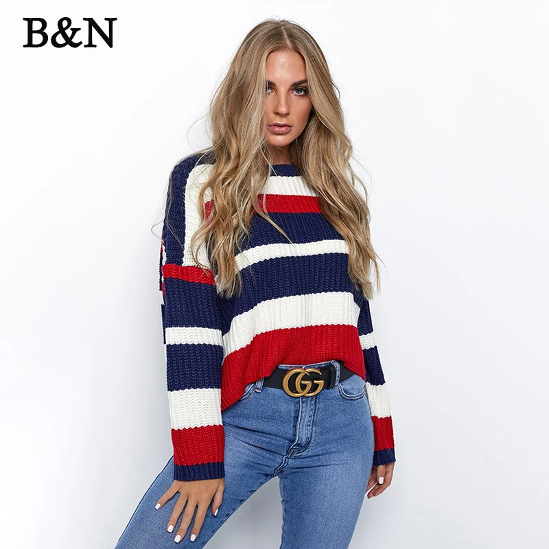 B&ampN Striped Multicolored Cropped Knit Short Pull Femme Women Sweater Autumn Casual Party Pullovers Jumpers Female Loose Sweaters | Женская