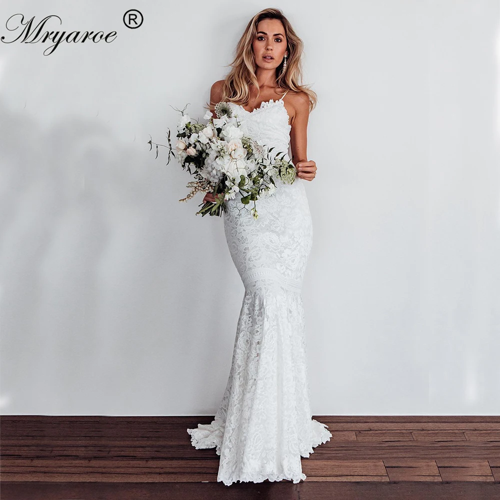 

Mryarce Full Lace Mermaid Wedding Dress Spaghetti Straps Bohemian Chic Bridal Gowns