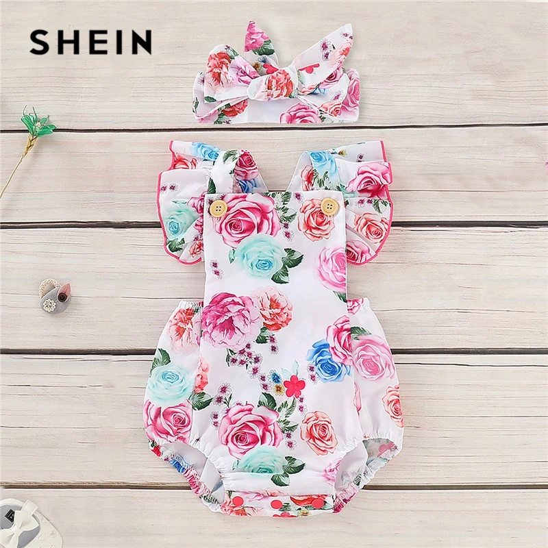

SHEIN Kiddie Toddler Girl Baby Floral Print Ruffle Straps Jumpsuit With Headband 2019 Summer Newborn BabyShort Jumpsuits