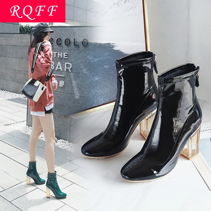 

RQFF Brand Boots Women 9cm High Heels Ankle Boot Girls Footwear Leather booties Woman Plus size 34-43 Shoes Ladies Shoe With Box
