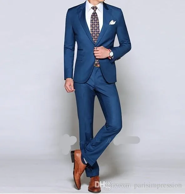 Customize a button groom dress shiny blue suit wedding suits groom