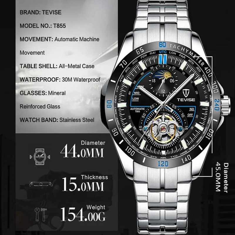 TEVISE механические часы модные роскошные мужские автоматические часы мужские деловые водонепроницаемые наручные часы relogio