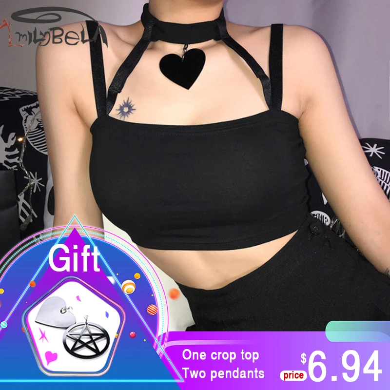

Imily Bela Gothic Crop Top Sexy Black Choker Tube Top Halter Tank Tops with Two Pendants Fashion Club Wear 2019 New Summer