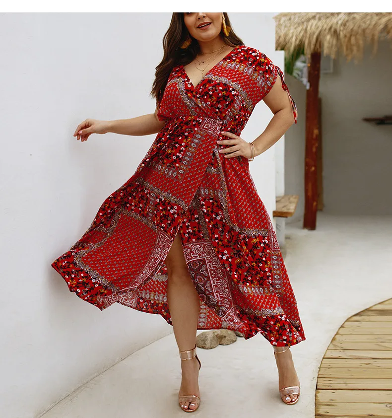 

Plus Size Dress Summer Sexy women Fashion Bodycon Vintage dress boho printed patchwork polyester v neck