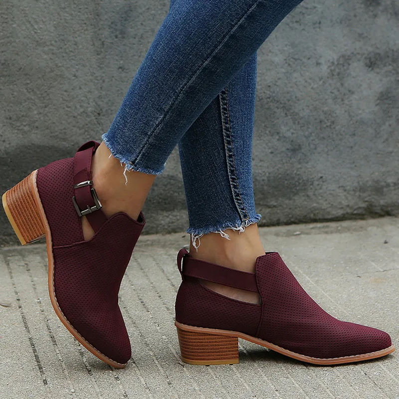 

LASPERAL Fashion Winter Boots Women 2019 Hoollow Out Ankle Boots For Women Pointed Toe Square Heel Ladies Shoes Bota Feminina