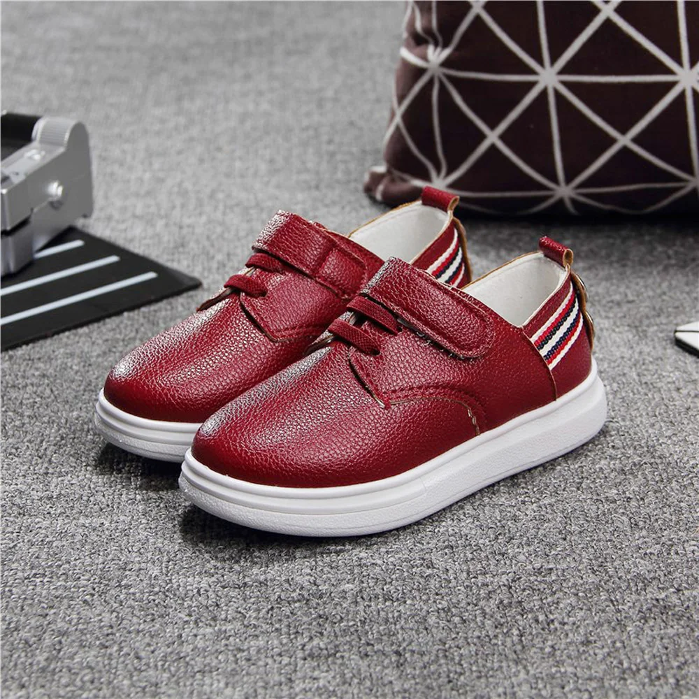 

2018 new spring children PU leather shoes boys rubber sneakers girls casual red black white shoes stripes button shoes CS-164