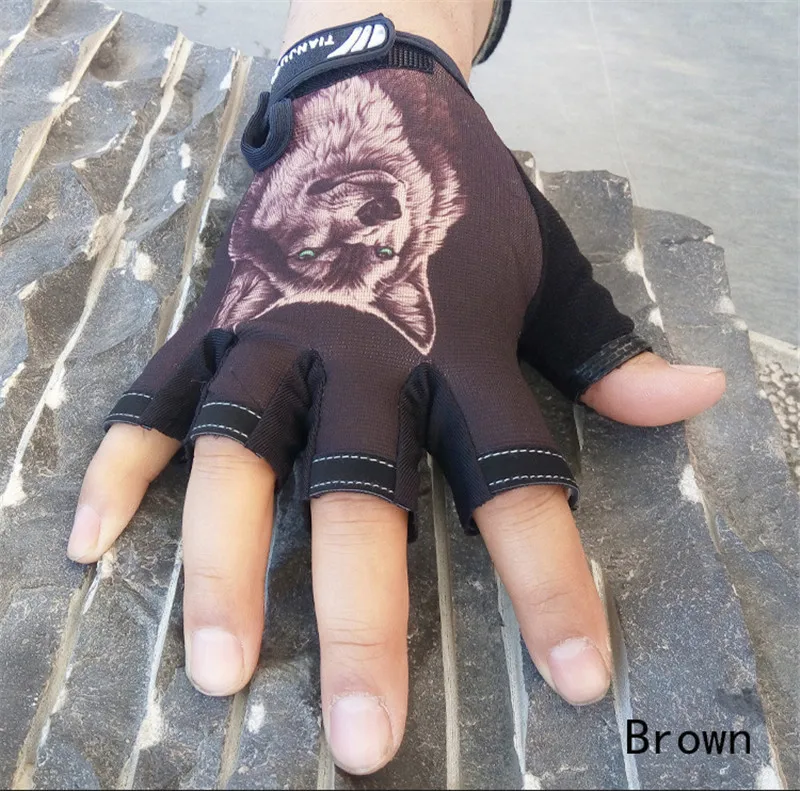Longkeepers новые женские мужские перчатки без пальцев перчатки на половину пальцев Варежки с рисунком волка и черепа рабочие перчатки guantes eldiven - Цвет: Brown