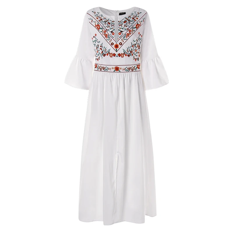 VONDA богемное женское платье с принтом Сексуальное Платье макси с v-образным вырезом и рукавами с оборками праздничное повседневное свободное белое платье размера плюс - Цвет: White