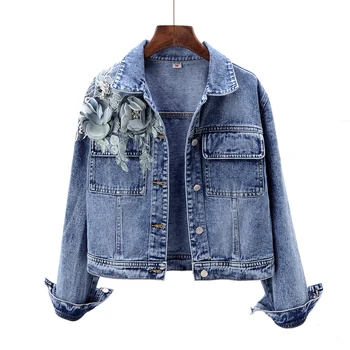 

2020 spring Autumn new embroidery three-dimensional flower denim jacket women long-sleeved short coat Кэжуал Feminina NZY30