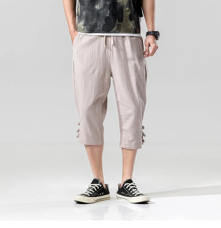 

2019 summer new Chinese wind cotton linen buckle men's cropped trousers retro large size fashion elastic casual pants men