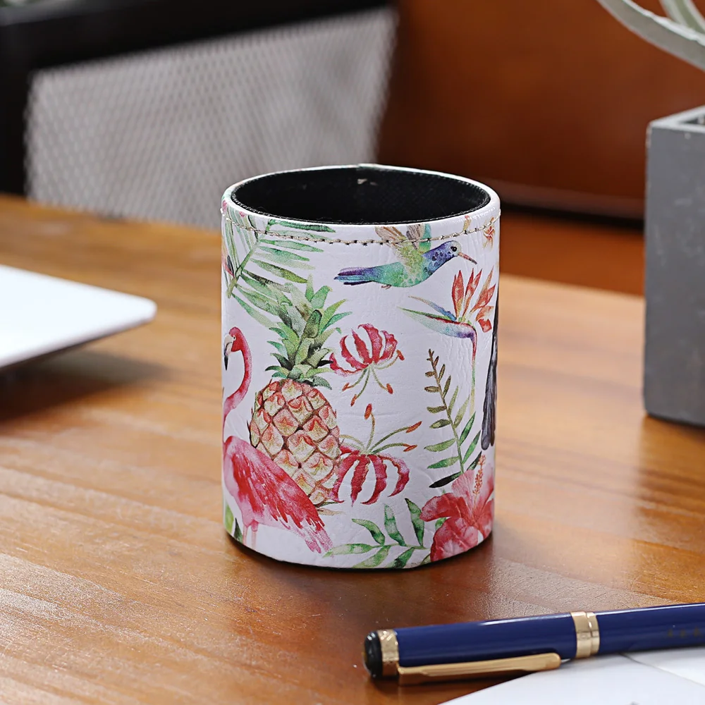 

LINKWELL Summer Decor Pink Flamingo Hummingbird Pineapple Toucan PU Print Pencil Cup Pen Holder Desk Organizer Storage Box Case