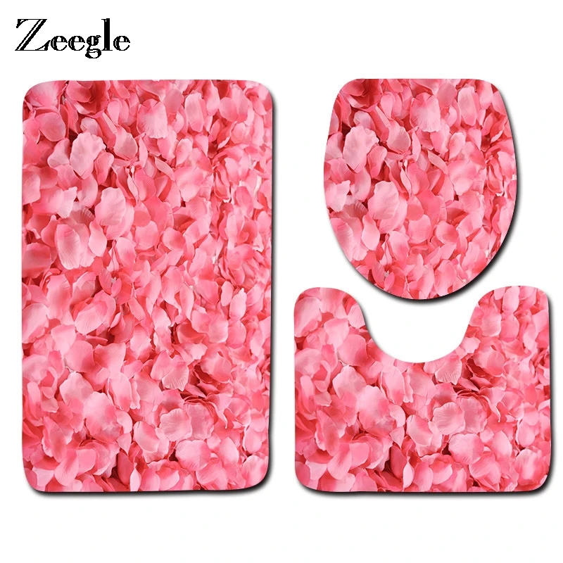Zeegle Romantic Rose Printed 3pcs Bathroom Carpets Set Toilet Bath Mats  Anti-slip Toilet Rugs Lid Toilet Cover Bathroom Rugs
