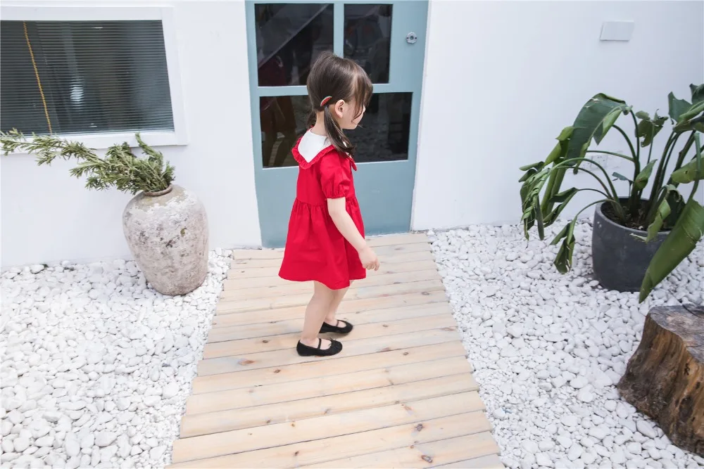 2019 Crianças Roupas Meninas Coreanas Vestido Navy Vento Lapela Vestido Cereja