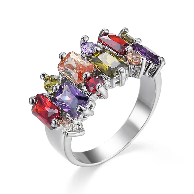 

New Design Full Rhinestones Colorful Ring Silver Golid Natural Crystal Birth Bride Wedding Green Zzircon Finger Ring Jewelry